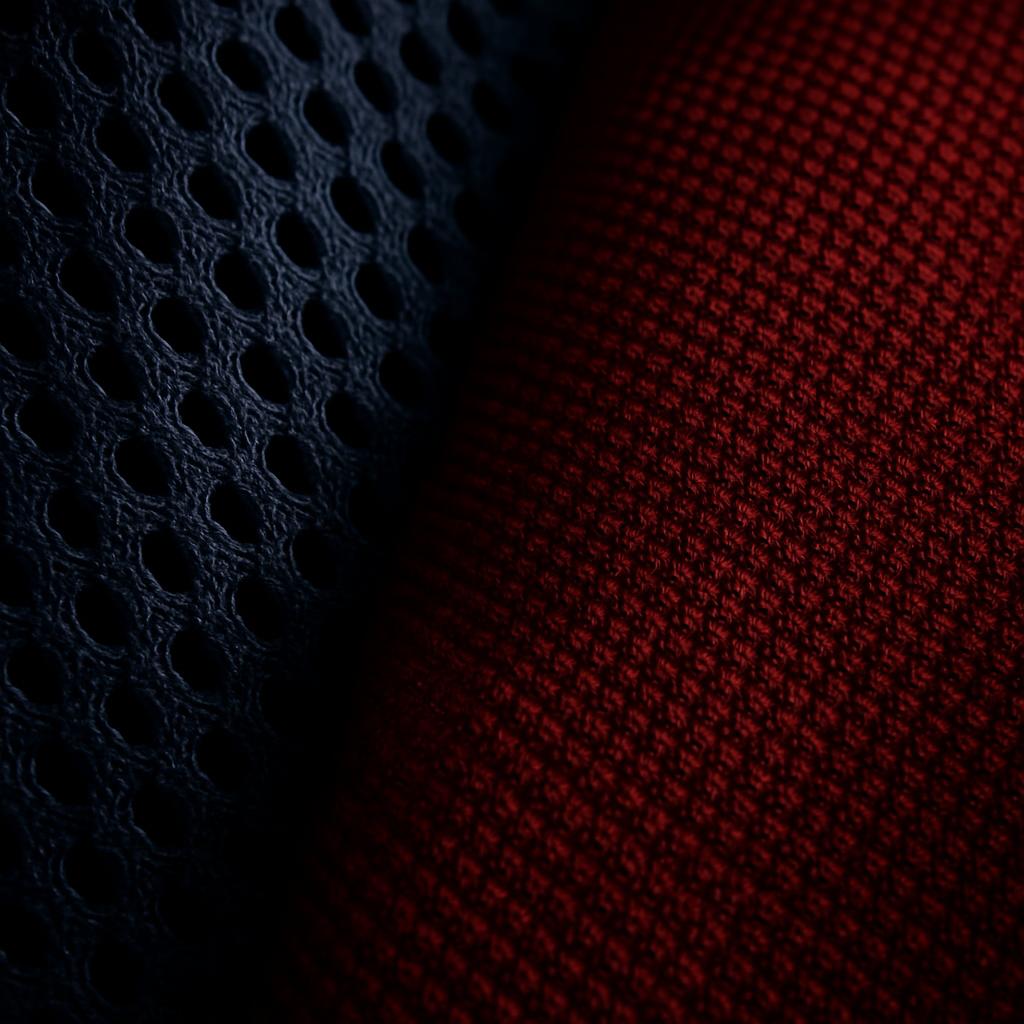 Macro detail of two performance mesh fabric weaves side by side, one looser open-knit and one tighter compression-mapped knit