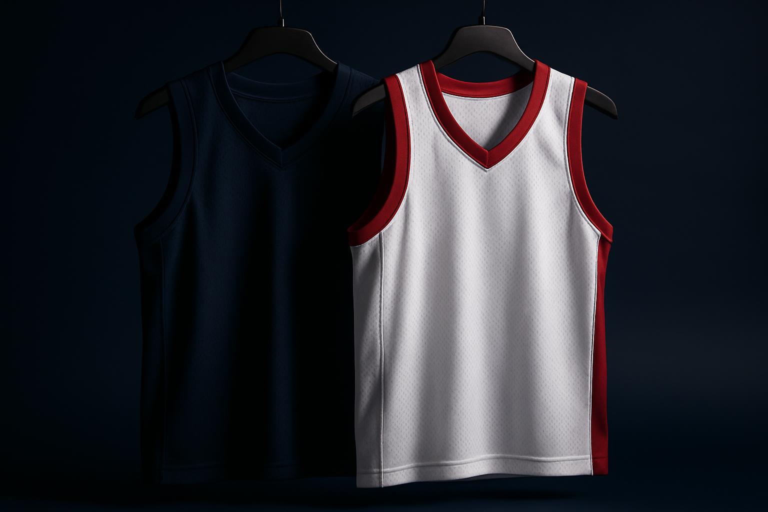 Two custom basketball jerseys, one navy and one white with red trim, hanging side by side against a dark studio background