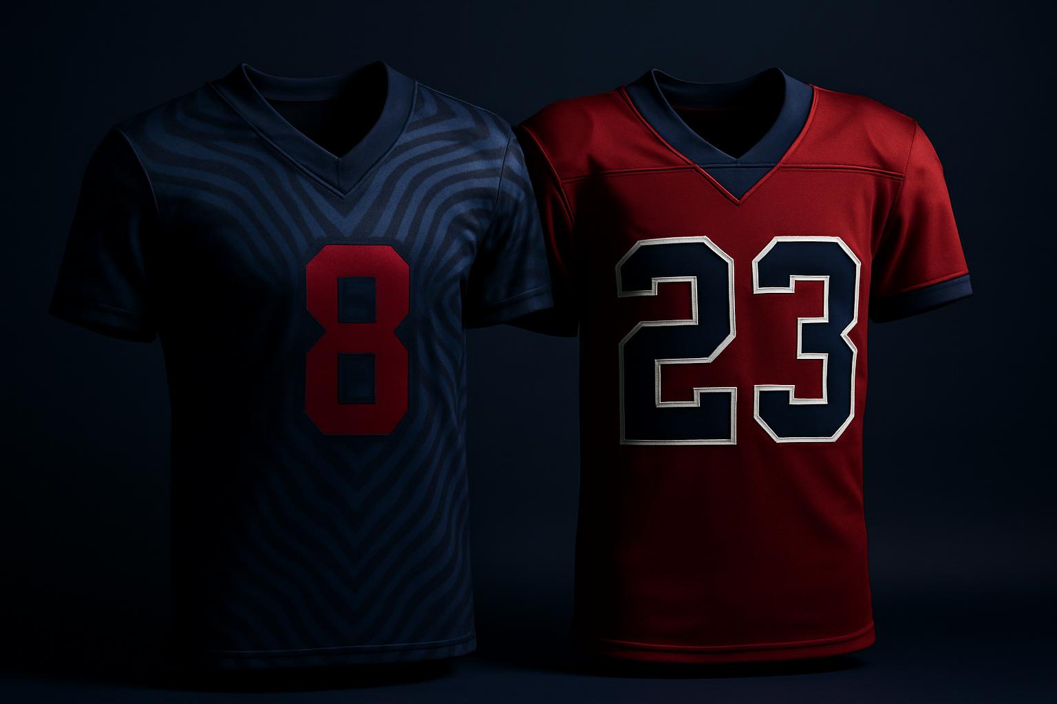 Two football jerseys side by side, one sublimated and one tackle twill, on a navy studio background