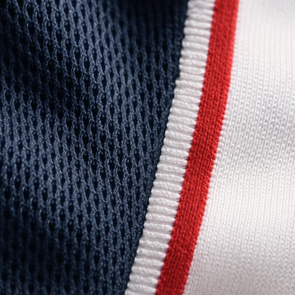 Macro detail of two performance mesh fabric weaves side by side, one looser open-knit navy fabric and one tighter white knit with a red stripe