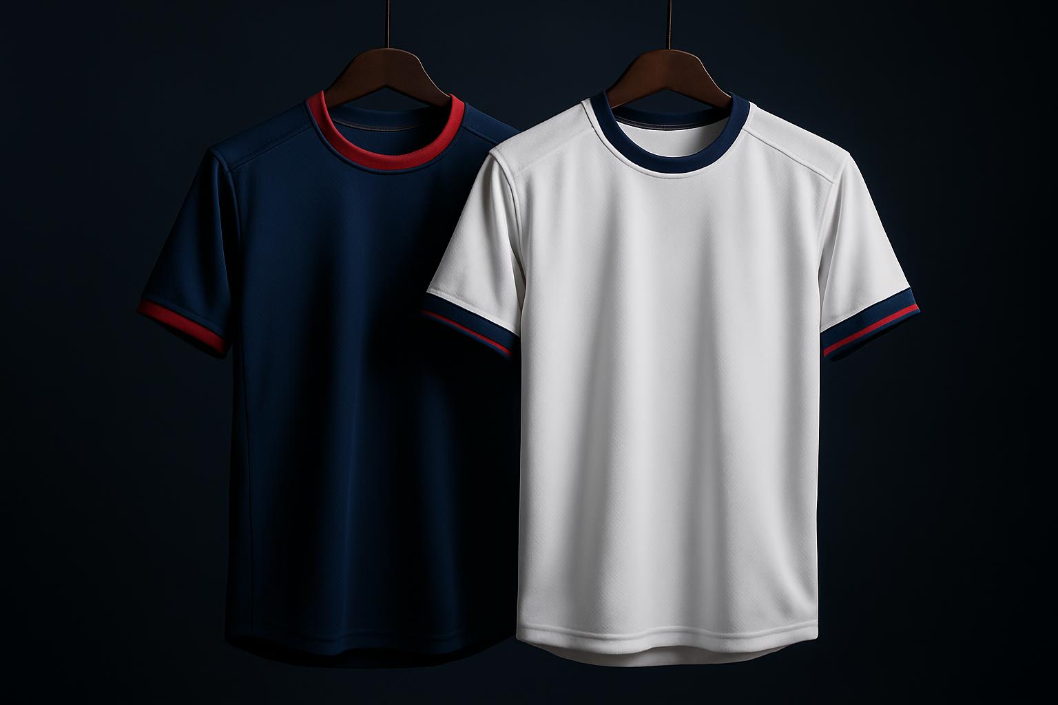 Two custom soccer jerseys, one navy with red trim and one white with navy and red cuffs, hanging side by side against a dark studio background