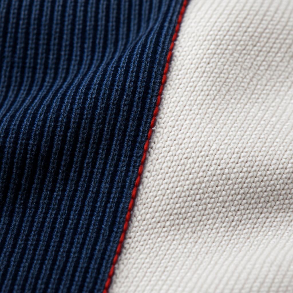 Macro detail of two stretch performance fabric weaves side by side, one navy ribbed knit and one tighter compression-mapped knit with a red edge