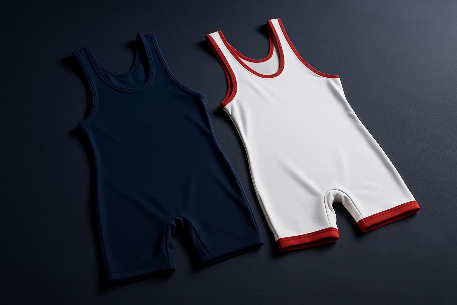 Two custom wrestling singlets, one navy and one white with red trim, laid flat side by side on a dark mat