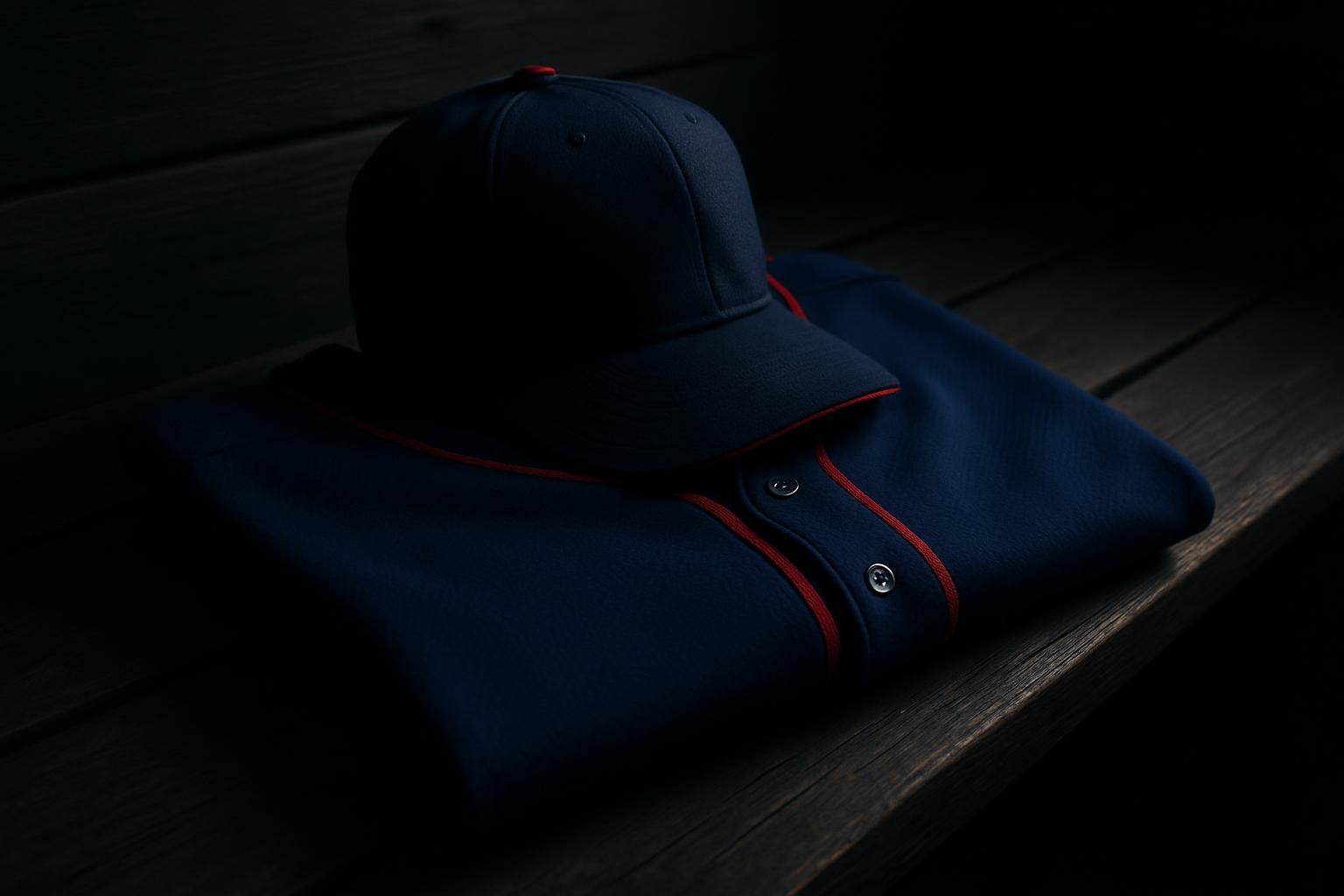 Navy baseball cap and folded navy jersey with red piping and buttons resting on dark dugout bench planks