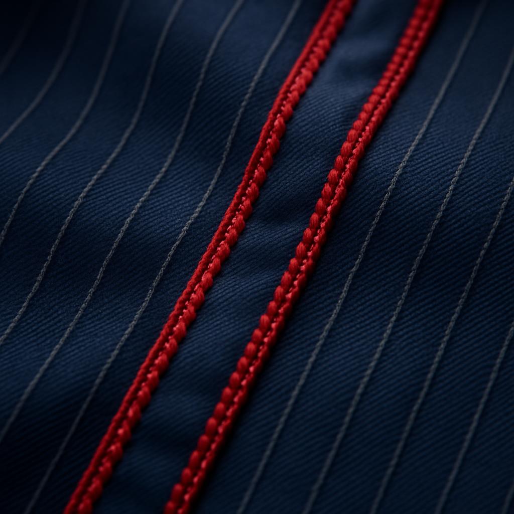 Macro detail of navy pinstriped baseball jersey fabric with red stitched piping along a seam