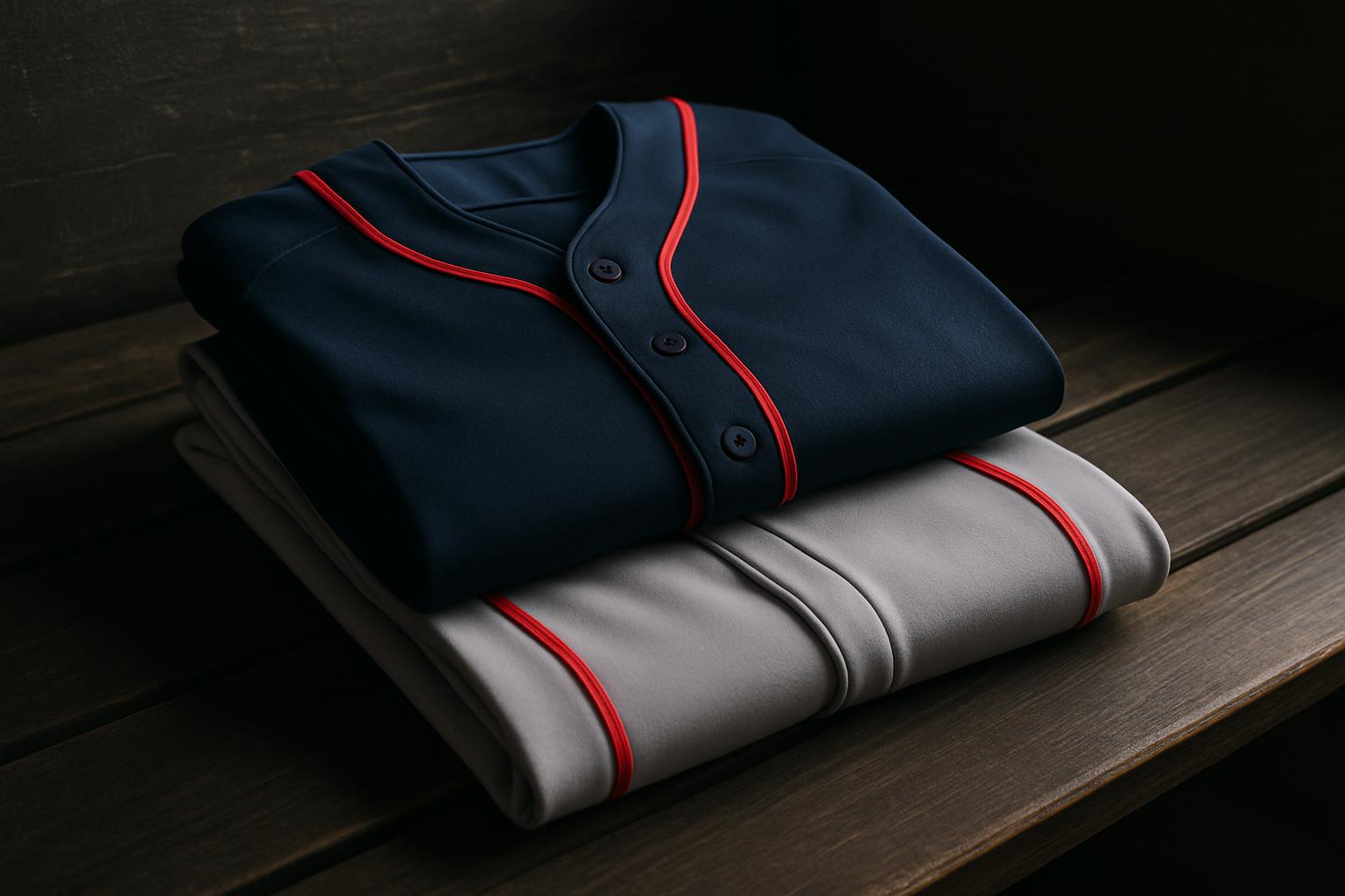 Folded navy baseball jersey with red piping and buttons stacked on gray baseball pants on a dugout bench