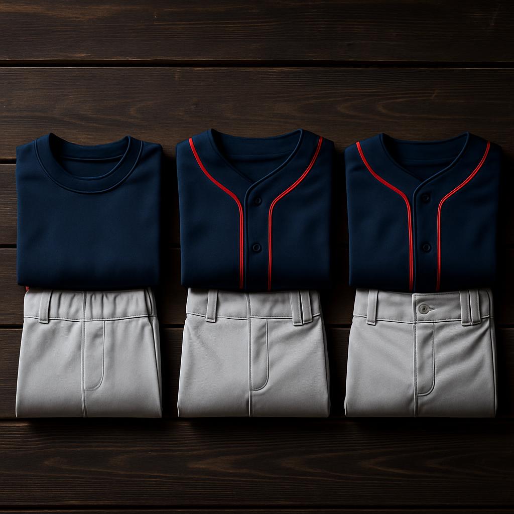 Three folded baseball jersey and pants sets representing budget, mid, and premium tiers on a dugout bench