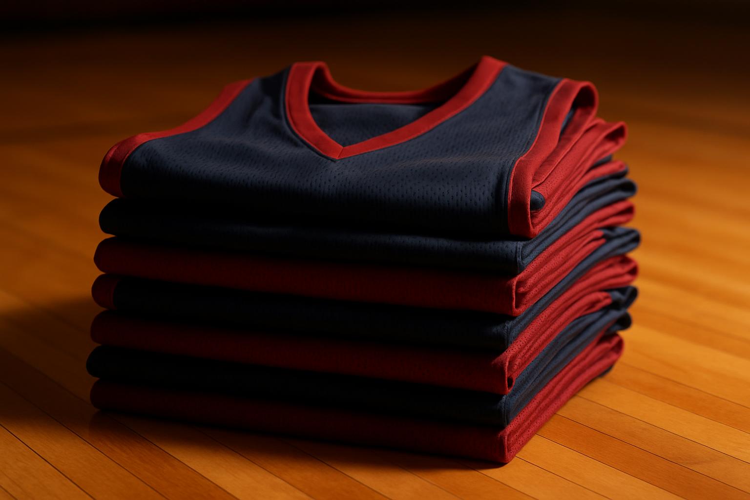 Stack of folded navy and red high school basketball jerseys on a gymnasium hardwood floor