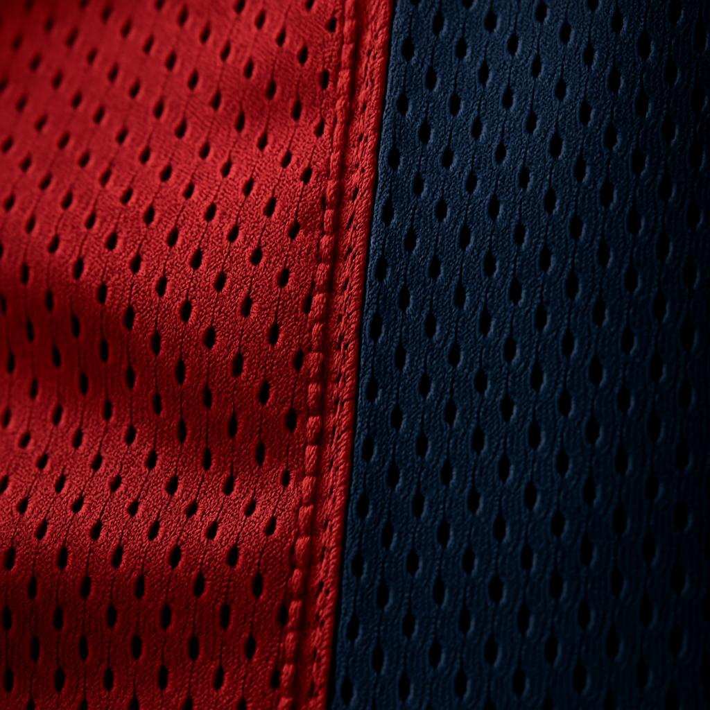 Macro detail of navy and red performance mesh basketball jersey fabric with a stitched side seam