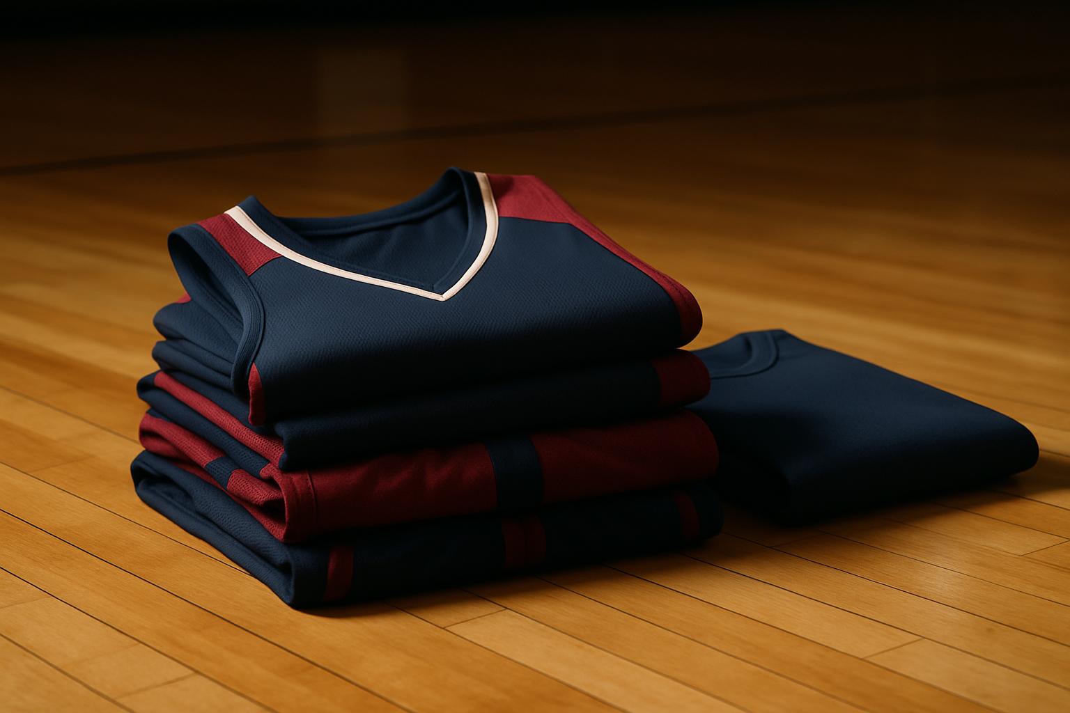 Folded navy and red basketball jerseys and shooting shirts stacked on gymnasium hardwood