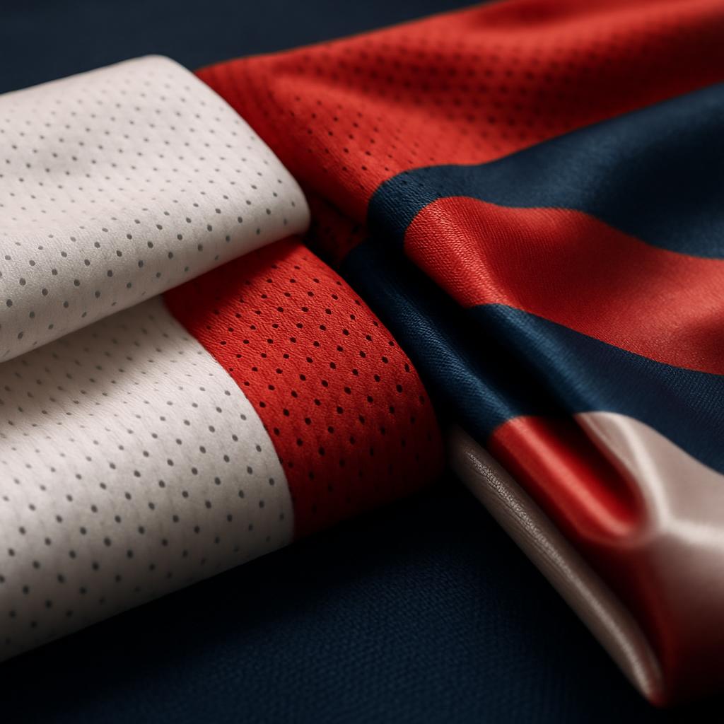Three folded basketball jersey sets representing budget, mid, and premium tiers on hardwood