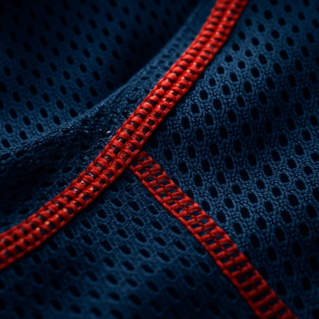 Macro detail of navy technical mesh singlet fabric with red contrast stitching