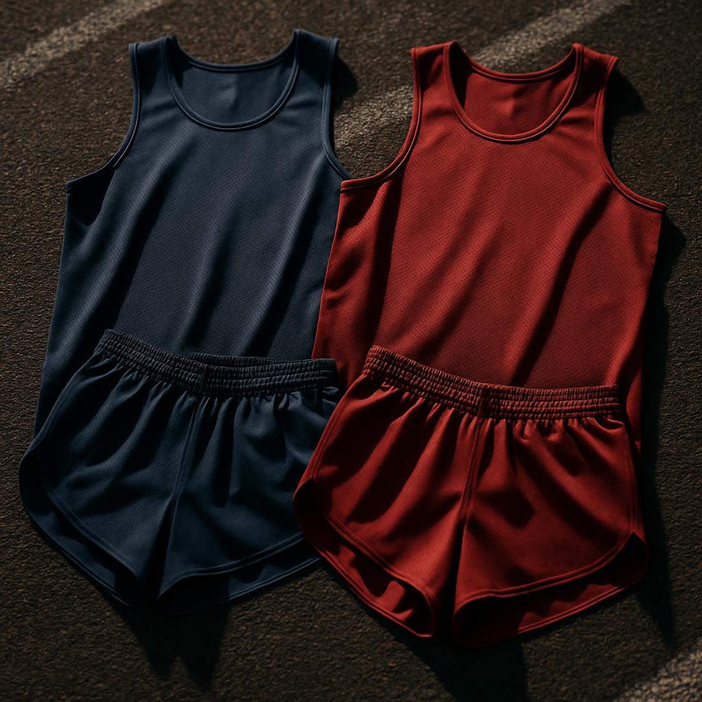 Navy and red cross country running singlets and split-leg shorts laid flat on a track