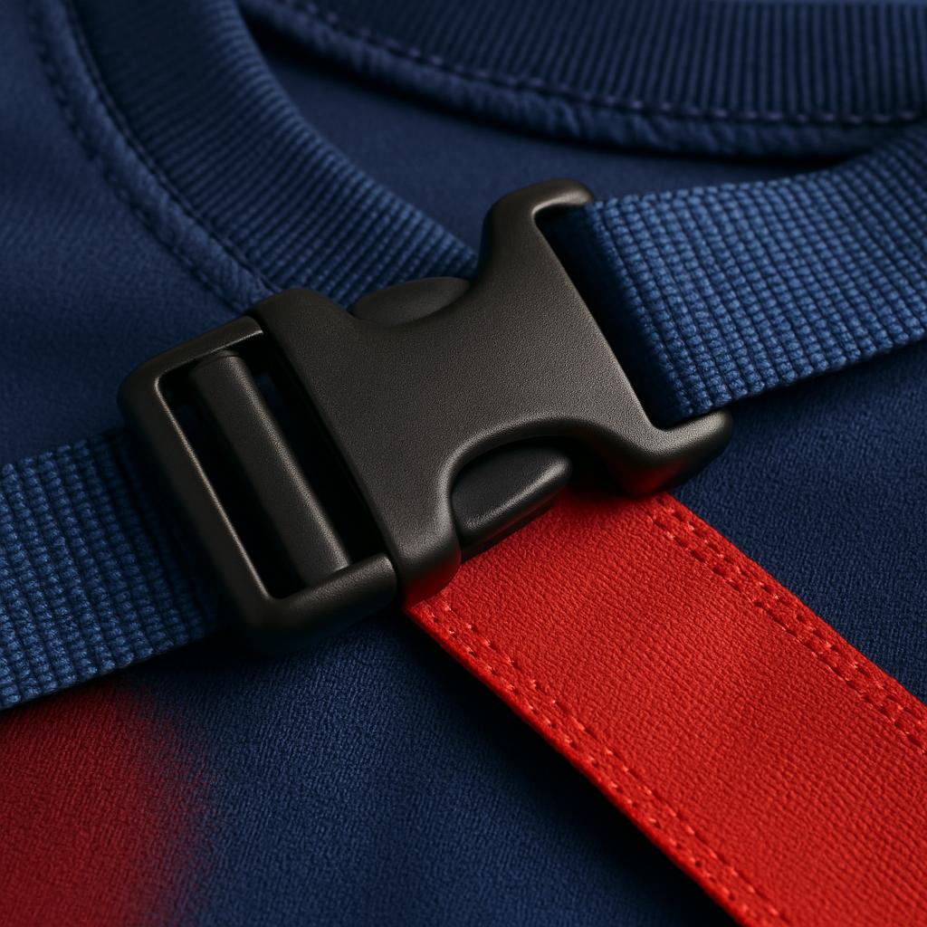 Macro detail of a flag-football quick-release belt buckle with a red flag against navy jersey fabric