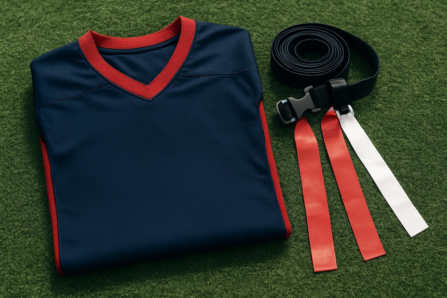 Navy and red flag football jersey folded on turf next to a coiled quick-release flag belt with red and white flags