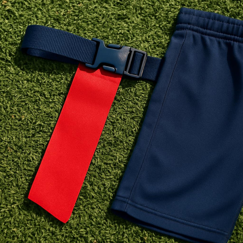 Macro detail of a navy flag football belt buckle and red flag on green turf beside folded navy shorts