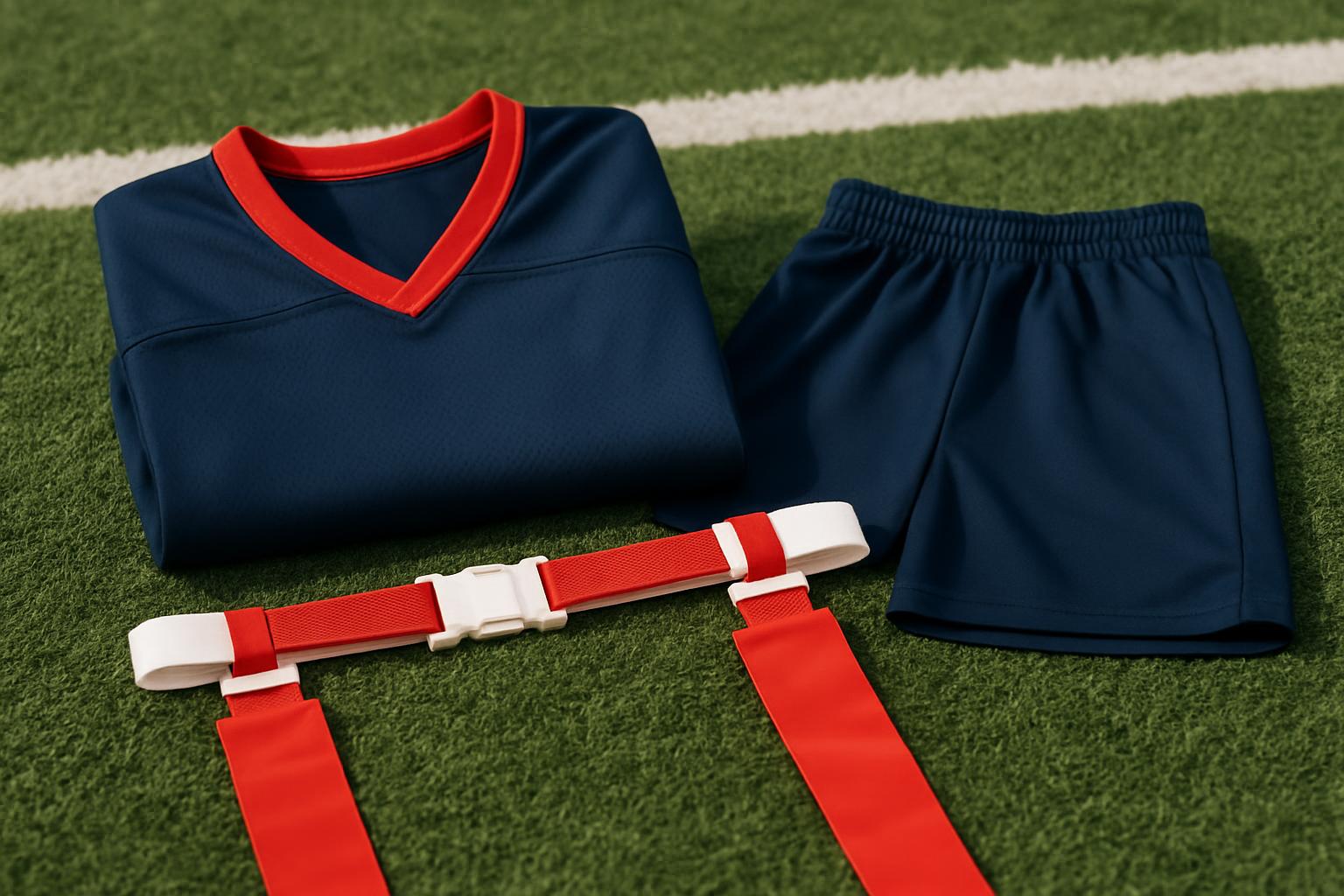 Folded navy flag football jersey with red trim, navy pocket-free shorts and a red and white flag belt laid on green turf