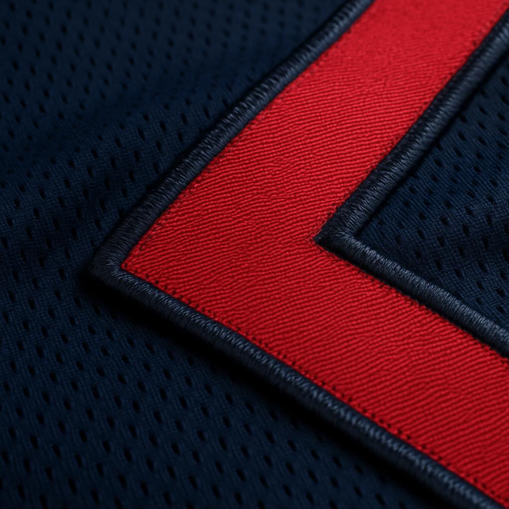 Macro detail of performance football jersey fabric and stitched twill panel