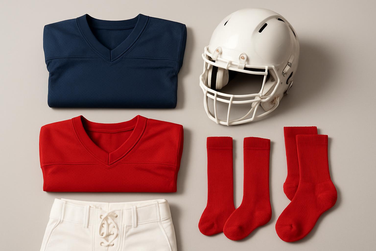 A complete custom football uniform set folded and laid out