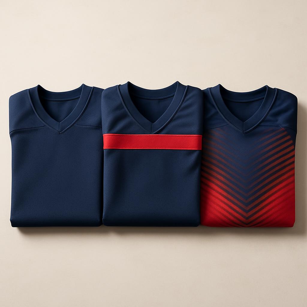 Three folded football jerseys representing budget, mid, and premium tiers