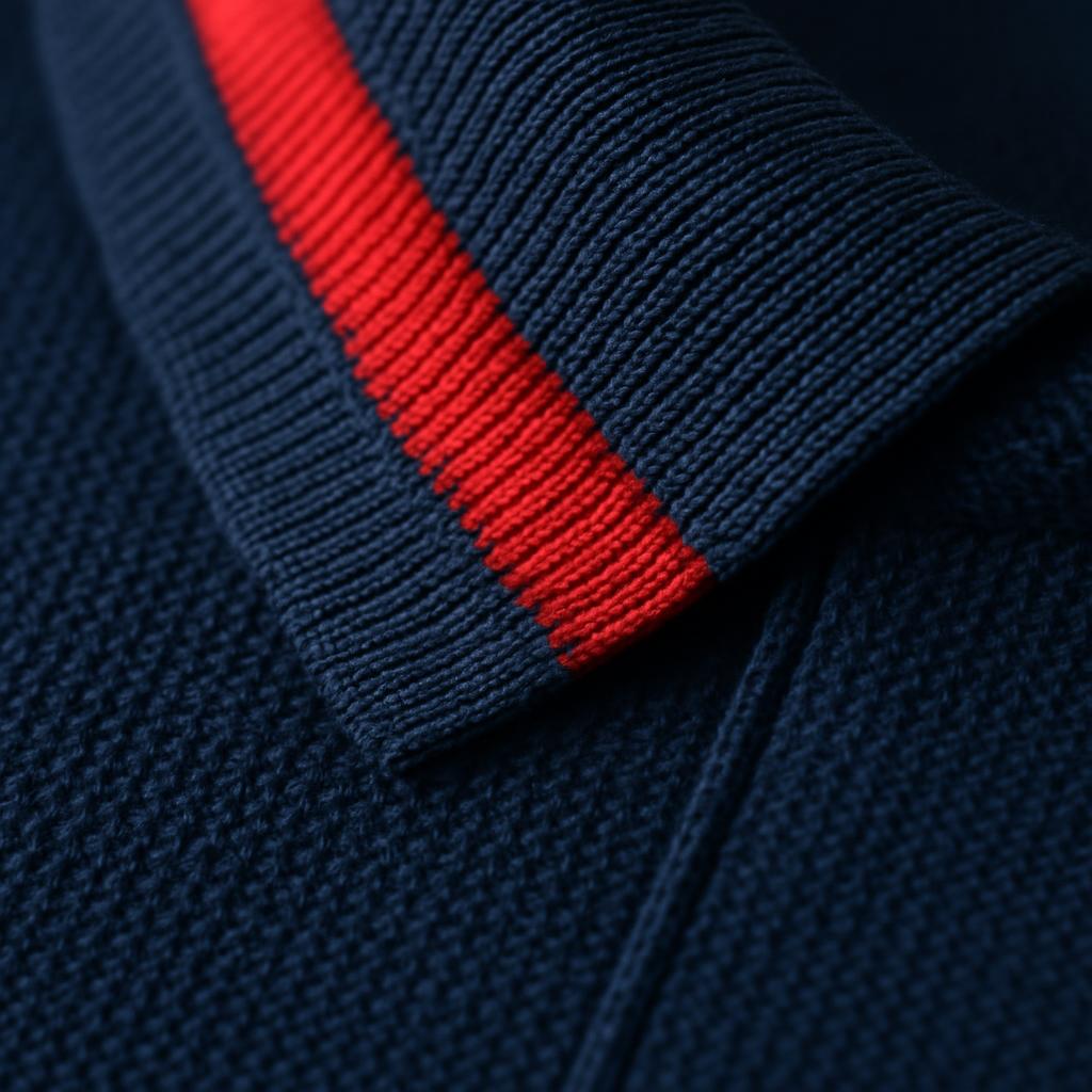 Macro detail of navy and red performance golf polo fabric with a ribbed collar