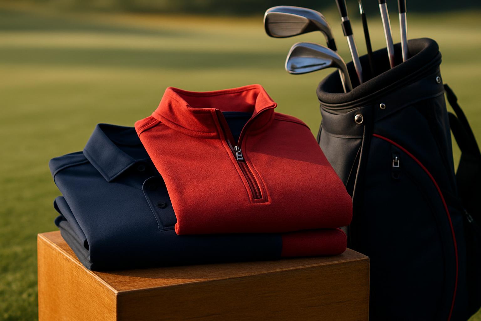 Navy and red high school golf polo and quarter-zip pullover folded on a tee box next to a golf bag