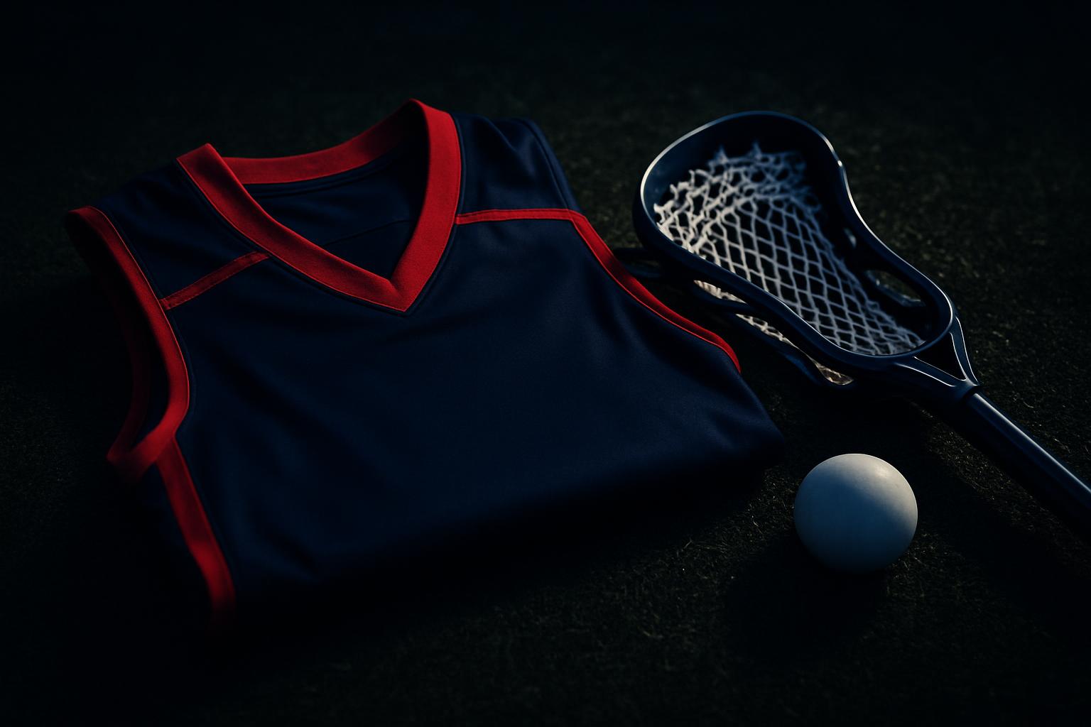 Folded navy lacrosse jersey with red trim next to a lacrosse stick head with mesh pocket and a white ball on a dark turf field