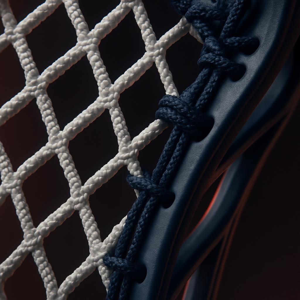 Macro detail of a lacrosse stick head mesh pocket stringing against a navy sidewall