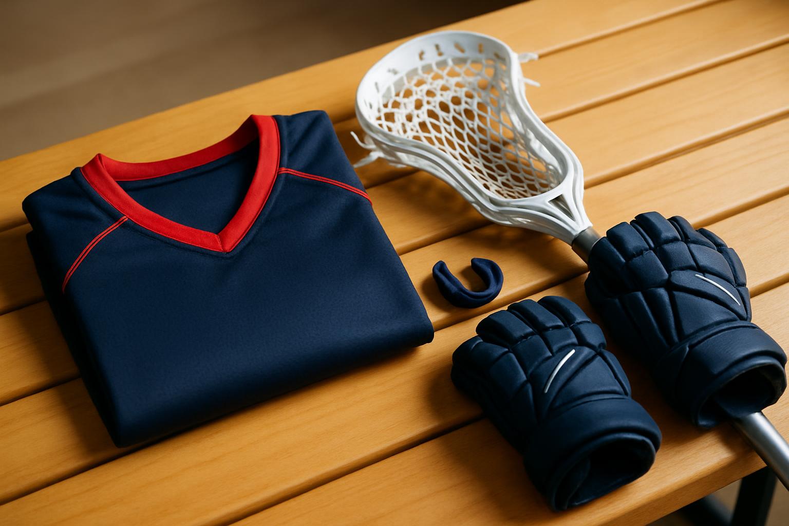 Folded navy lacrosse jersey with red trim beside a lacrosse stick head, mouthguard and navy gloves on a wooden bench