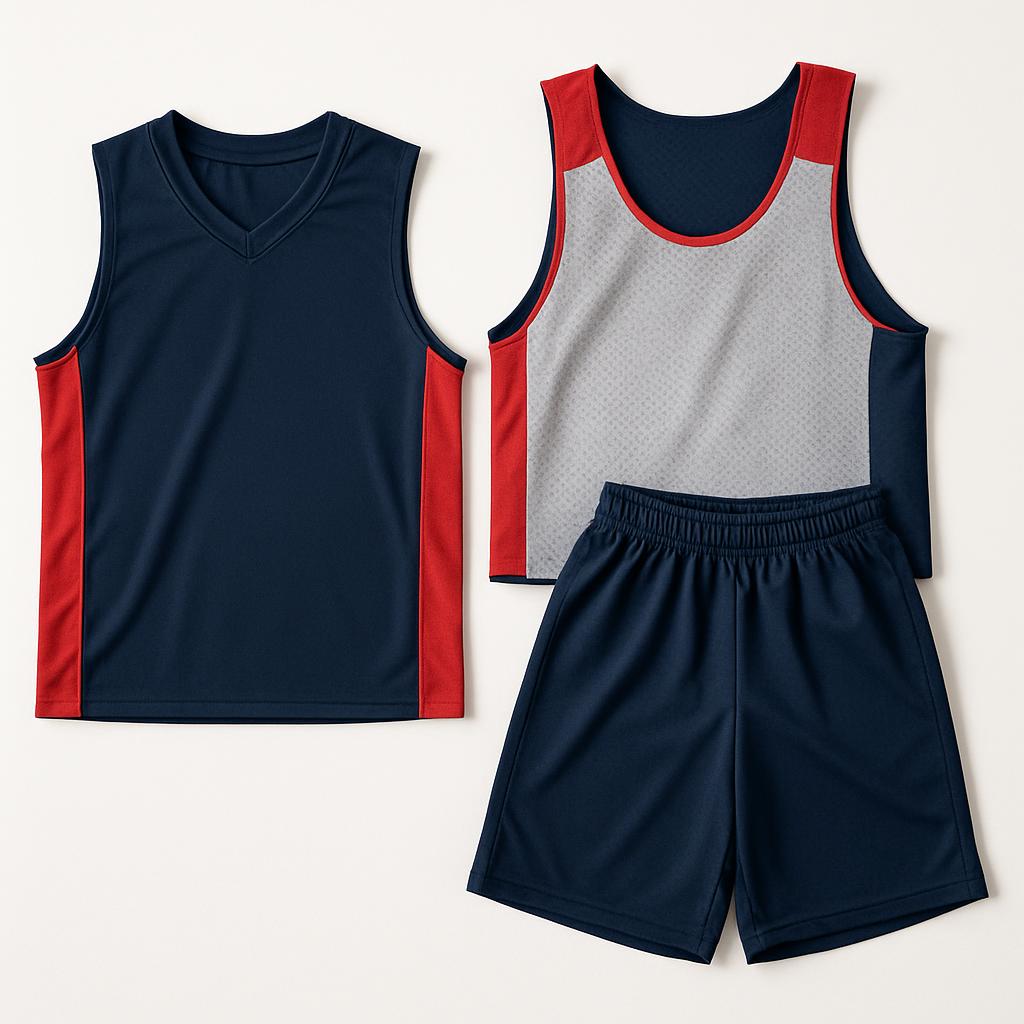 Navy lacrosse jersey with red side panels beside a reversible gray and red practice pinnie and navy shorts