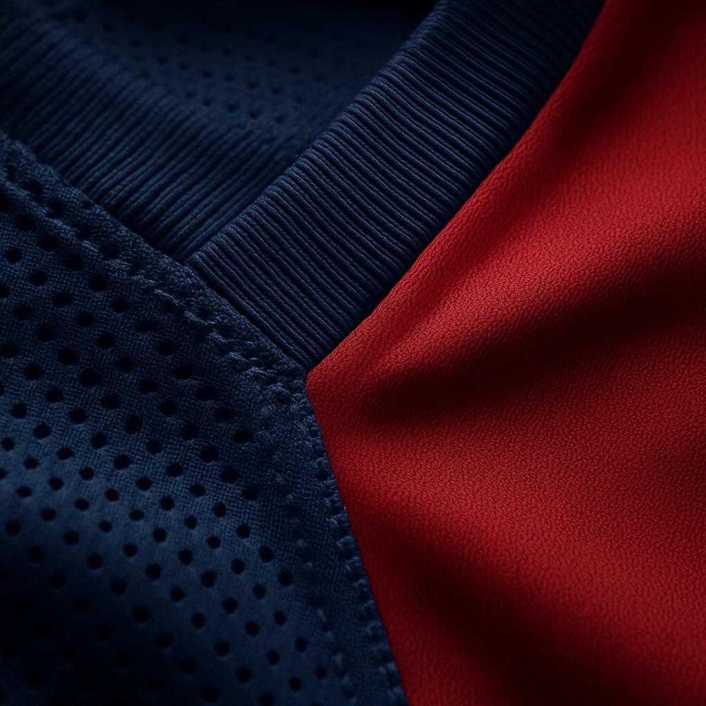 Macro detail of navy and red soccer jersey fabric with a breathable mesh panel and ribbed collar