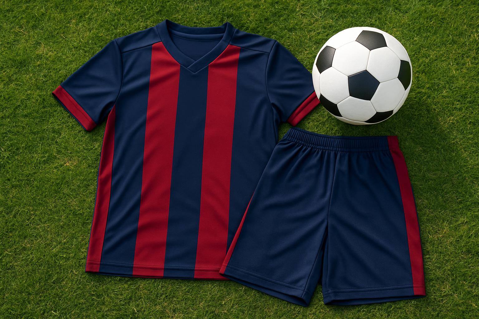 Navy and red high school soccer jersey and shorts laid flat on grass next to a soccer ball