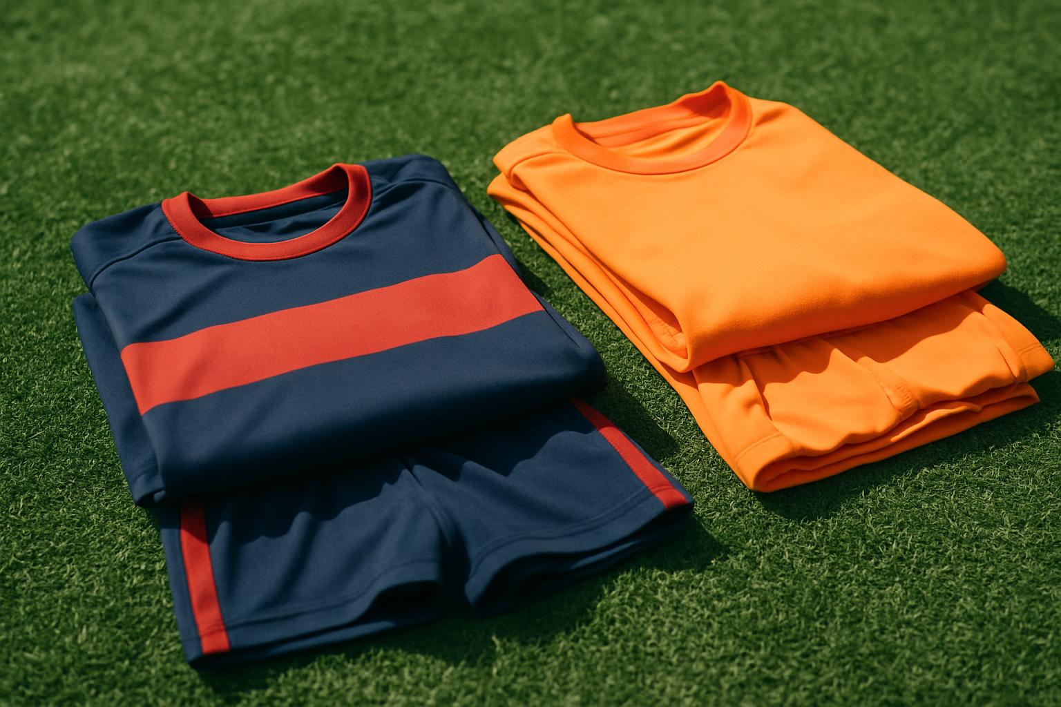 Folded navy and red soccer jersey and short sets with a separately colored goalkeeper jersey on a turf field