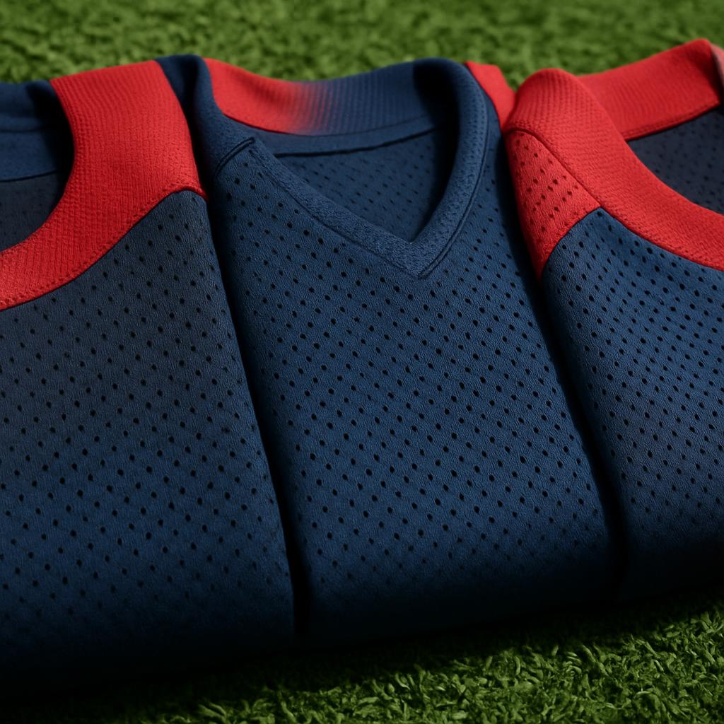 Three folded soccer jersey sets representing budget, mid, and premium tiers on a turf field