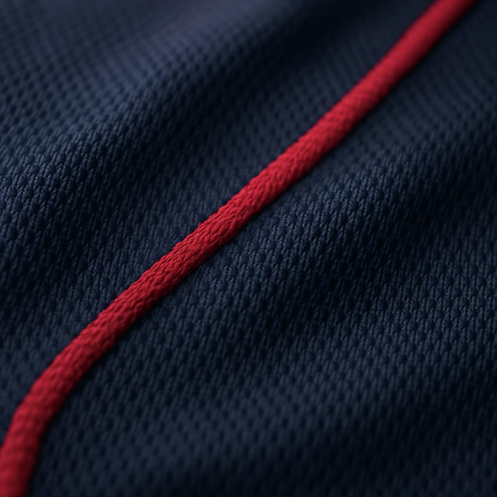 Macro detail of navy softball jersey fabric with a red piped seam