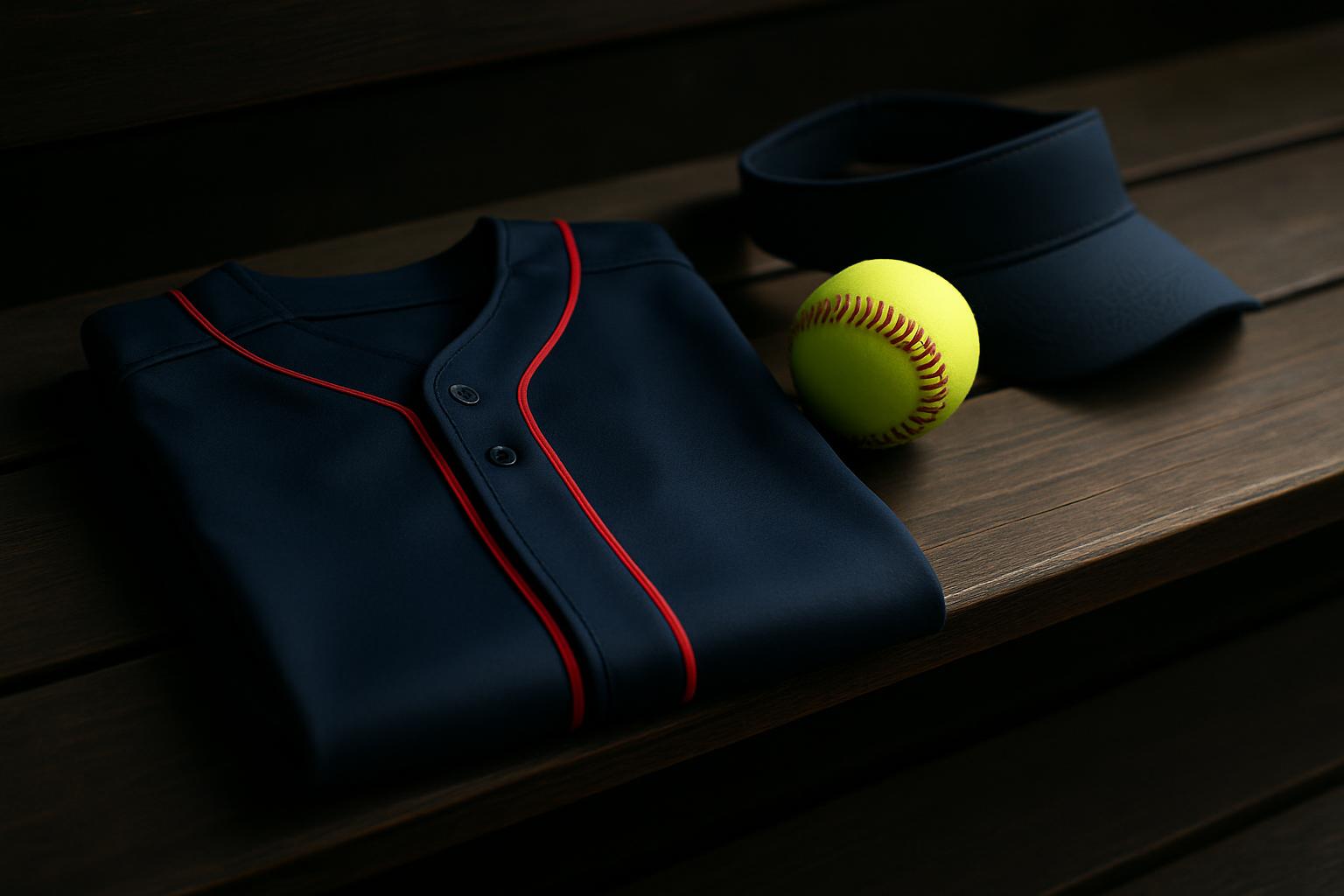 Folded navy softball jersey with red piping next to a yellow fastpitch softball and a navy visor on dark bleacher planks
