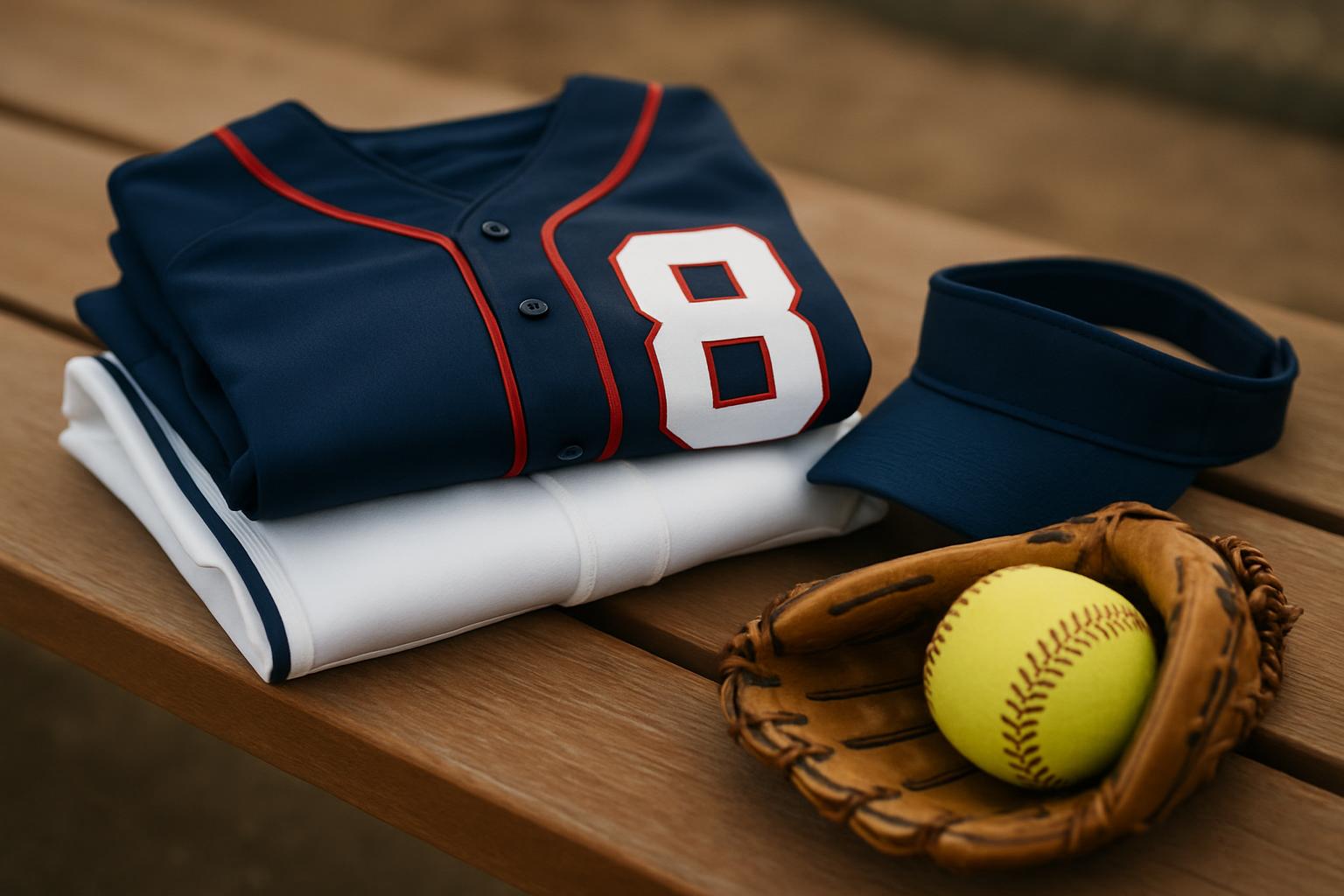 Folded navy softball jersey with red piping and a white number on white softball pants beside a visor and a glove on a dugout bench
