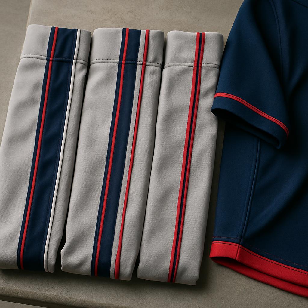 Three folded softball pant legs with different navy and red stripe details next to a navy jersey sleeve with red trim