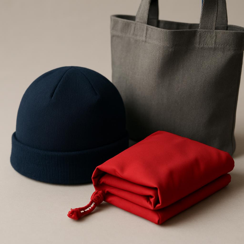 Blank navy beanie, gray tote bag, and folded red drawstring bag as spirit pack accessory options