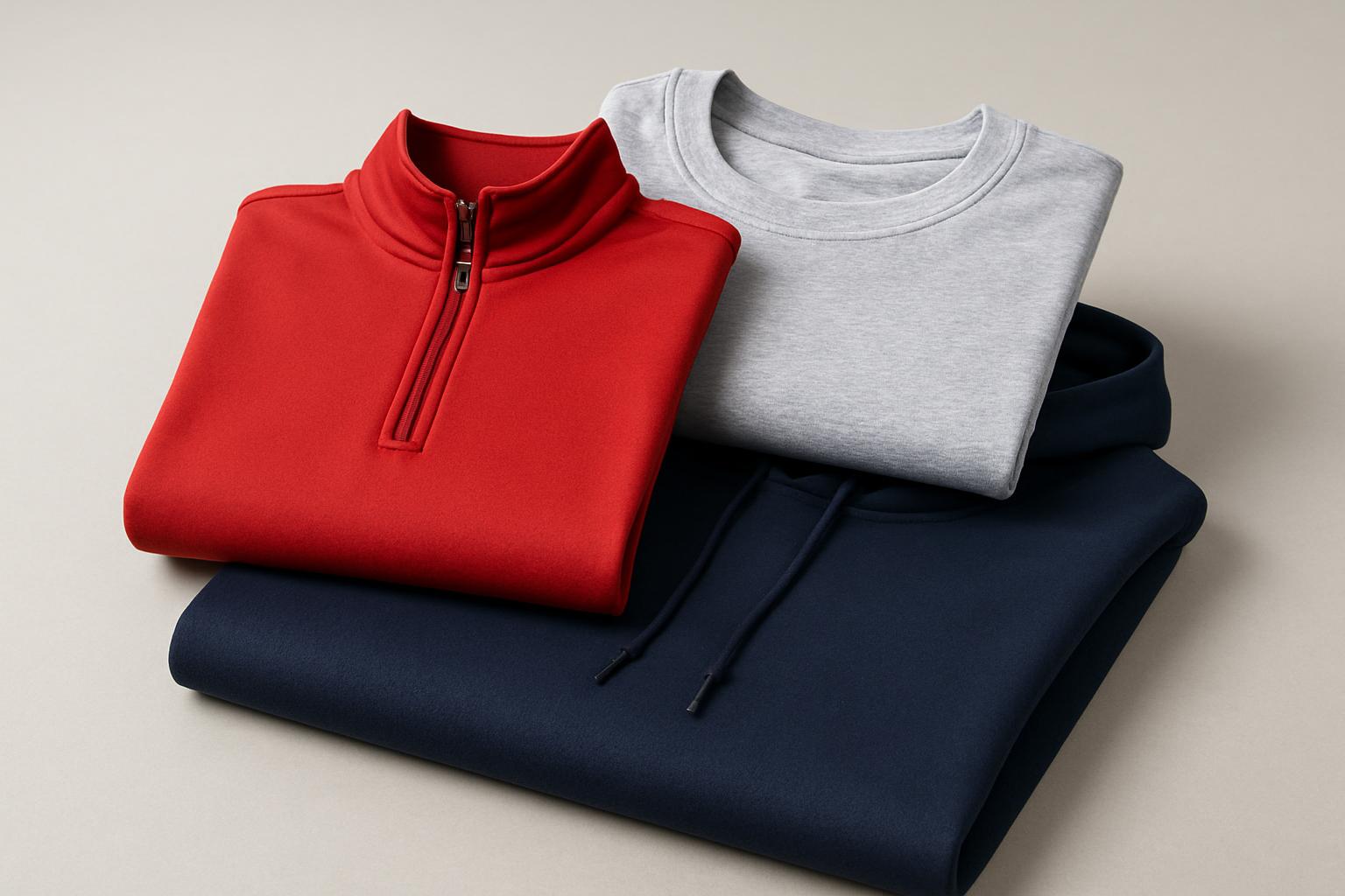 Folded navy hoodie, red quarter-zip, and heather gray tee stacked together as a blank team spirit pack bundle