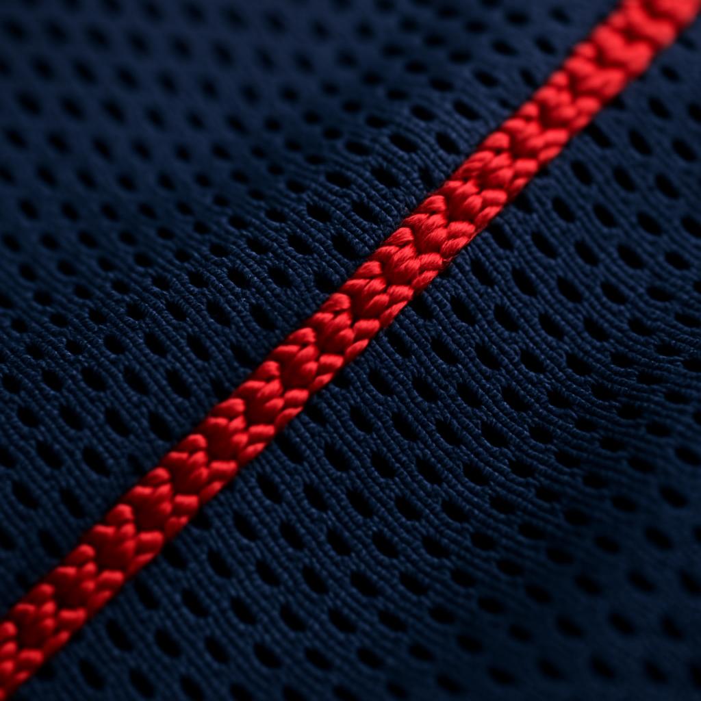 Macro detail of navy performance mesh fabric with a red stitched seam