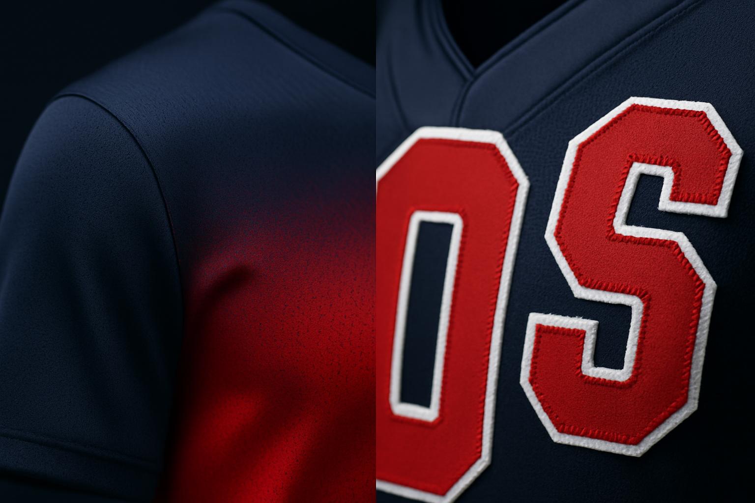 Macro comparison of a sublimated gradient jersey fabric next to a sewn tackle-twill number and letter