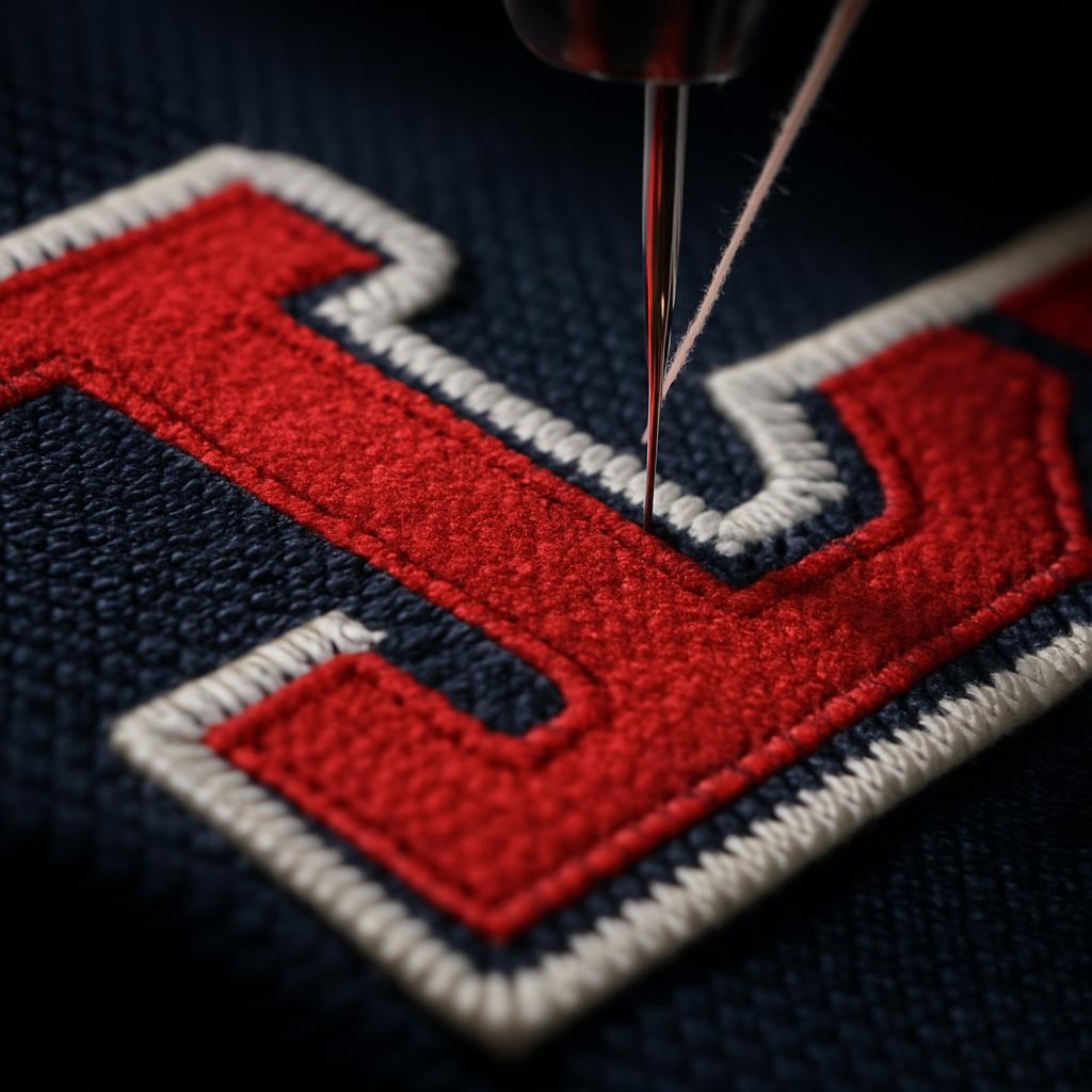 Macro detail of sewn tackle-twill lettering with visible stitched thread edges