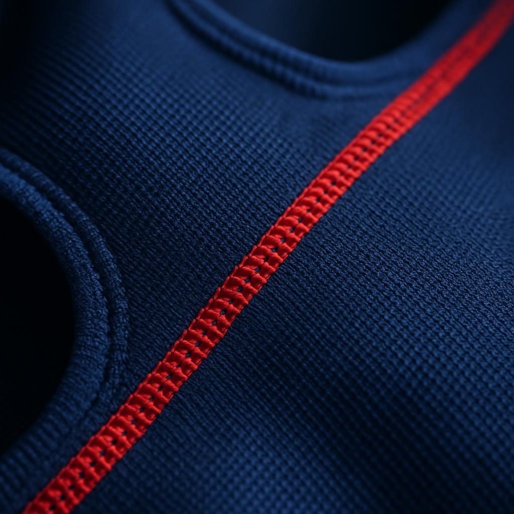 Macro detail of navy competition swim suit fabric with a red stitched seam