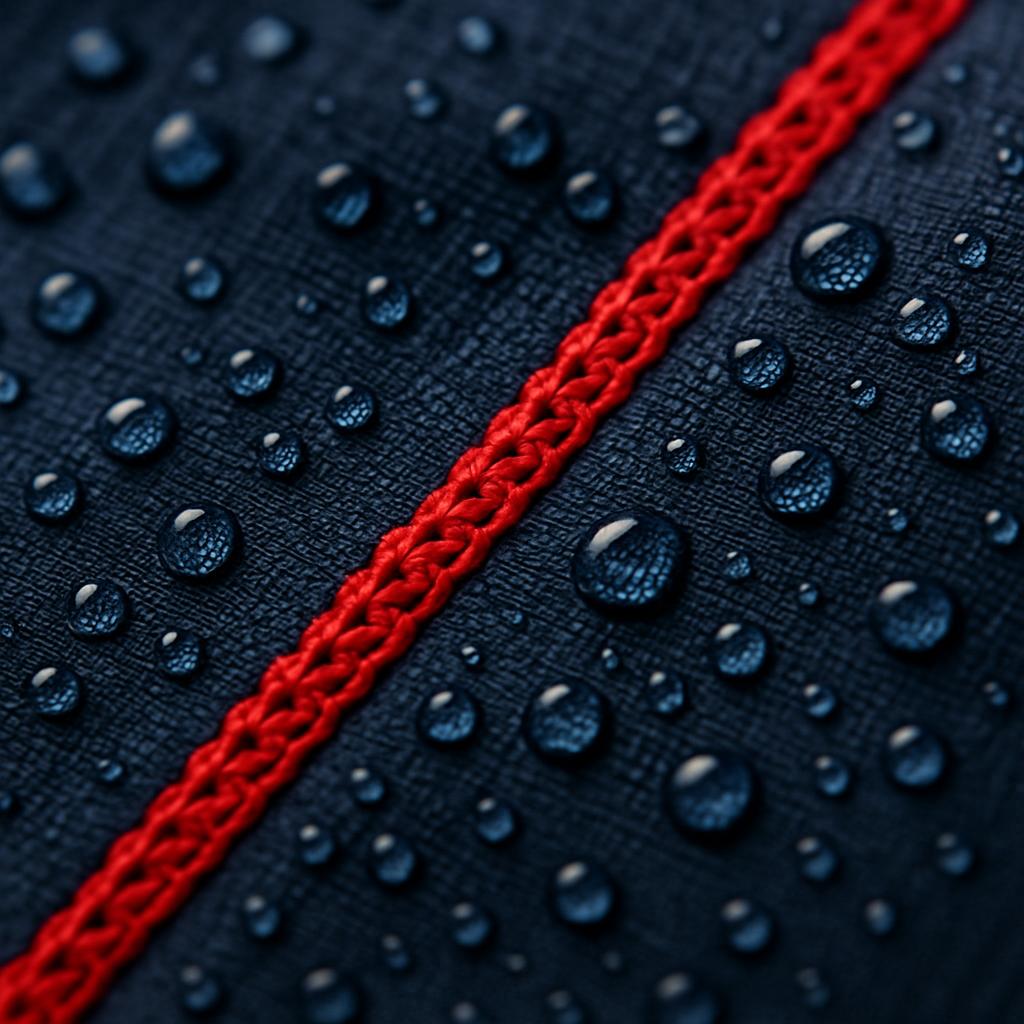 Macro detail of navy woven swimsuit fabric with a red stitched seam and water droplets
