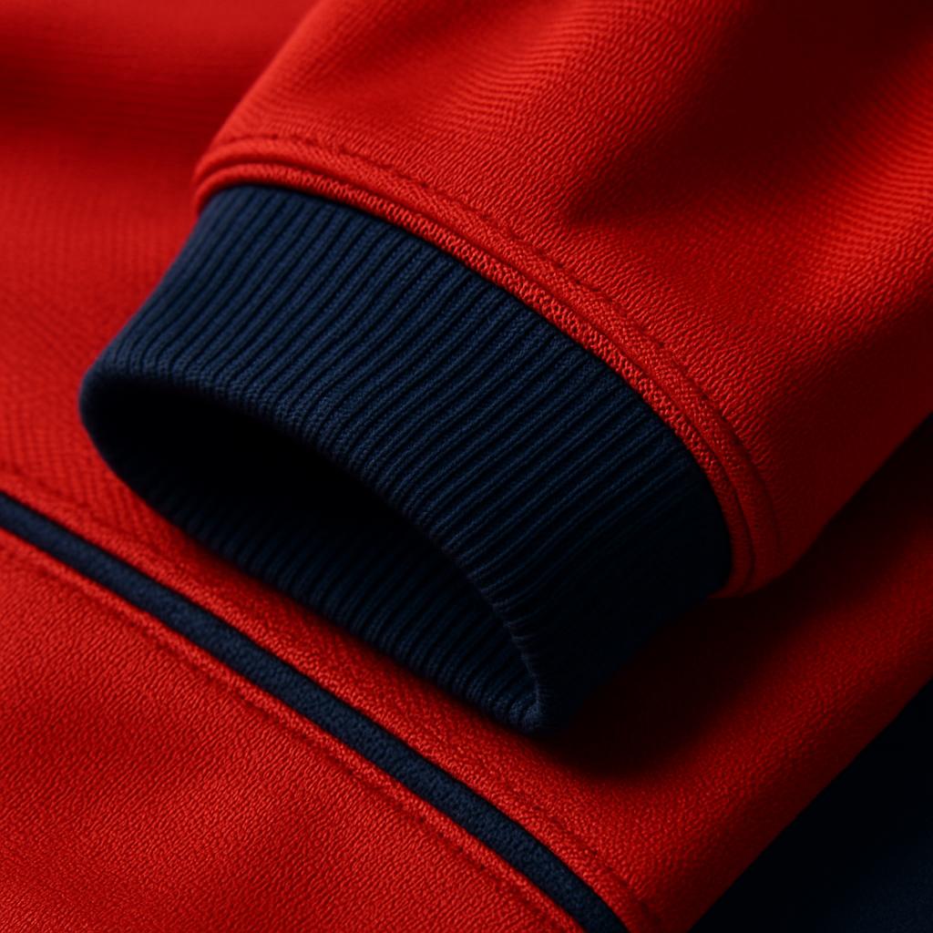 Macro detail of navy and red performance polo fabric with a ribbed cuff