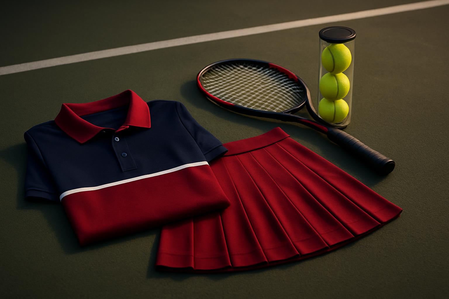 Navy and red high school tennis polo and pleated skort laid on a hard tennis court with a racquet and tennis balls