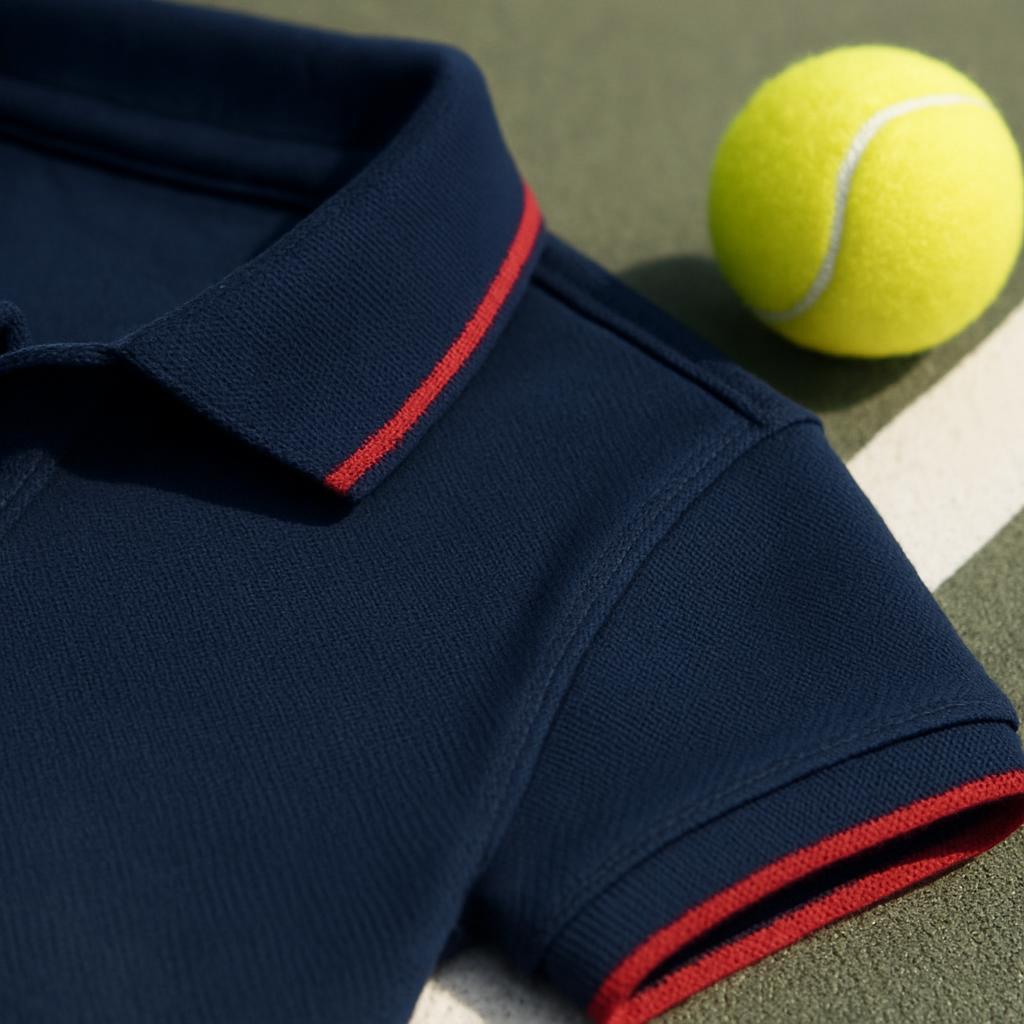 Detail of a navy tennis polo collar with red piping beside a tennis ball on a white court line