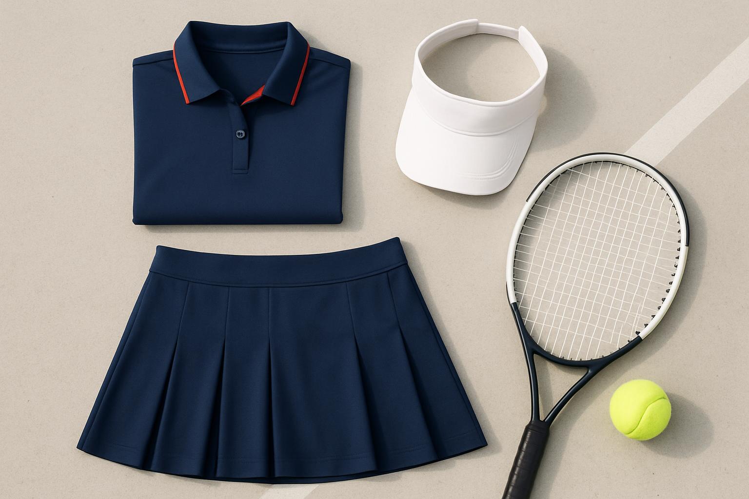 Folded navy tennis polo with red collar trim, a navy pleated skort, white visor, racket and tennis ball on a court surface