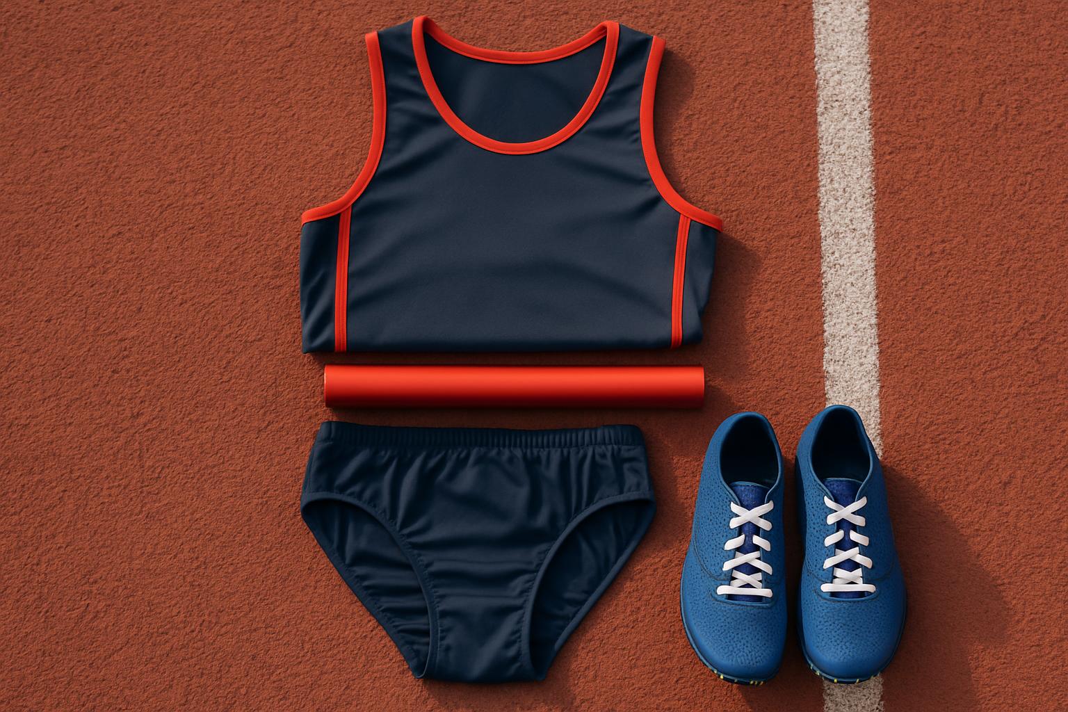 Folded navy track singlet with red trim, navy briefs, a red relay baton and blue spikes on a red running track lane
